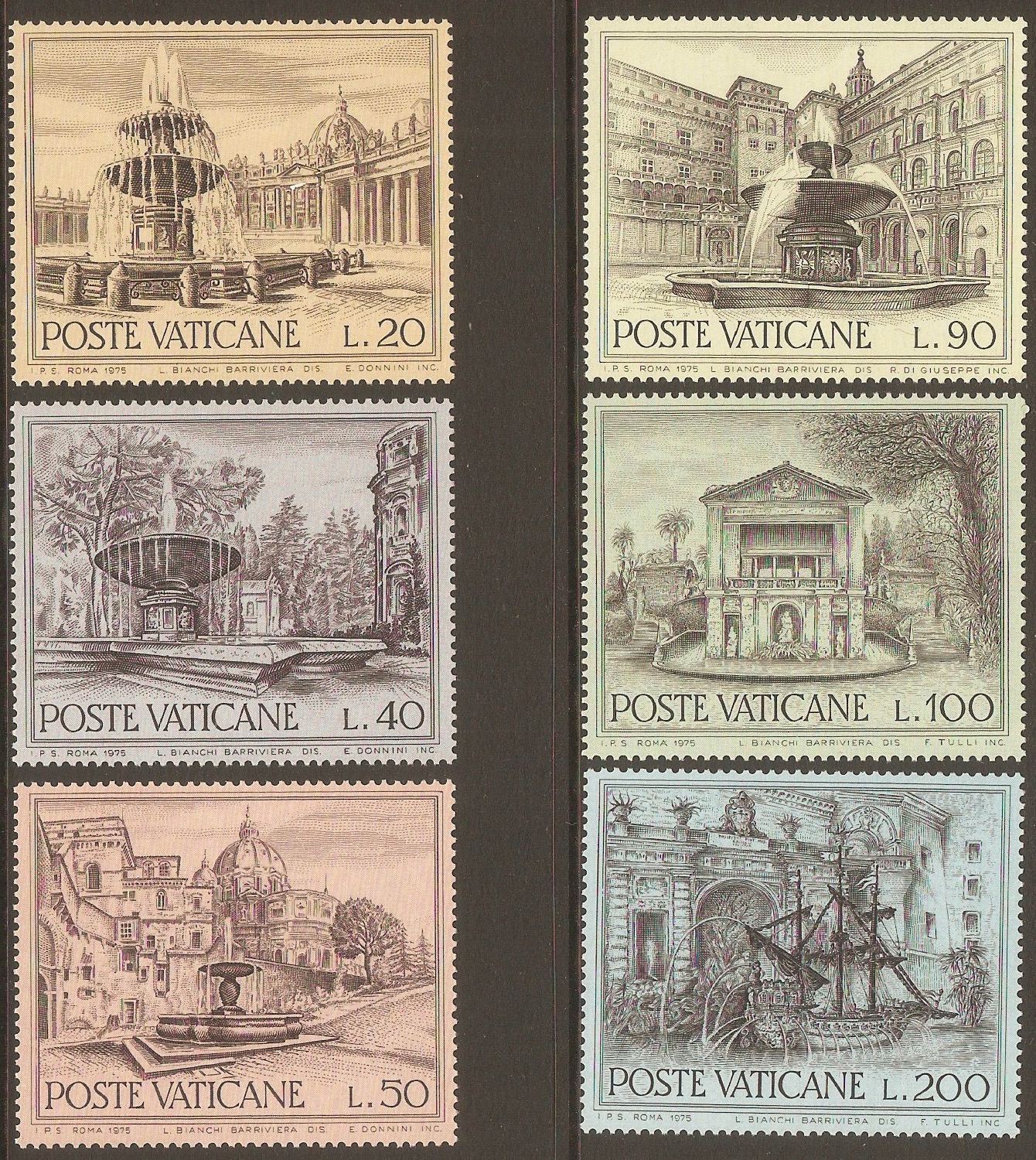 Vatican City 1975 Fountains Set. SG633-SG638.